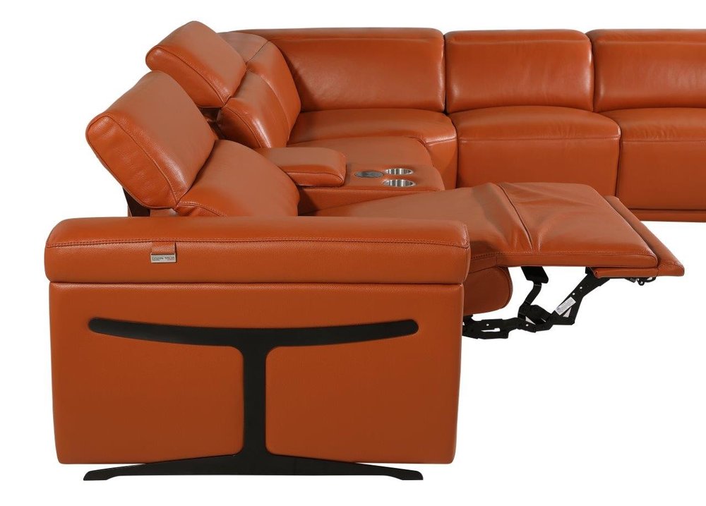 Camel Italian Leather Modular L Shaped Eight Piece Corner Sectional with Console