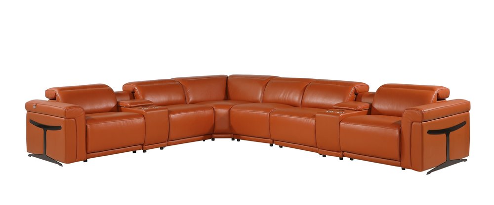 Camel Italian Leather Modular L Shaped Eight Piece Corner Sectional with Console
