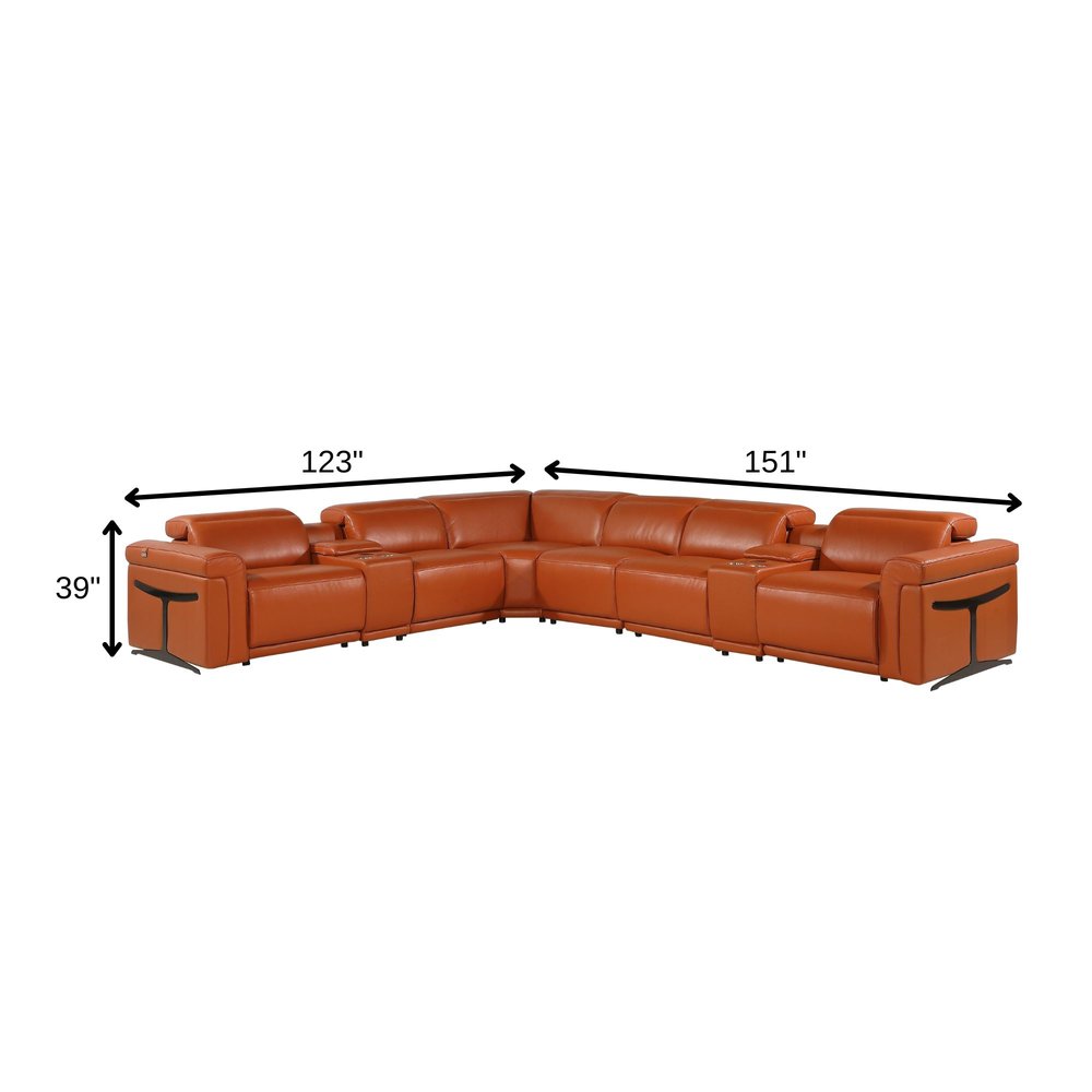 Camel Italian Leather Modular L Shaped Eight Piece Corner Sectional with Console