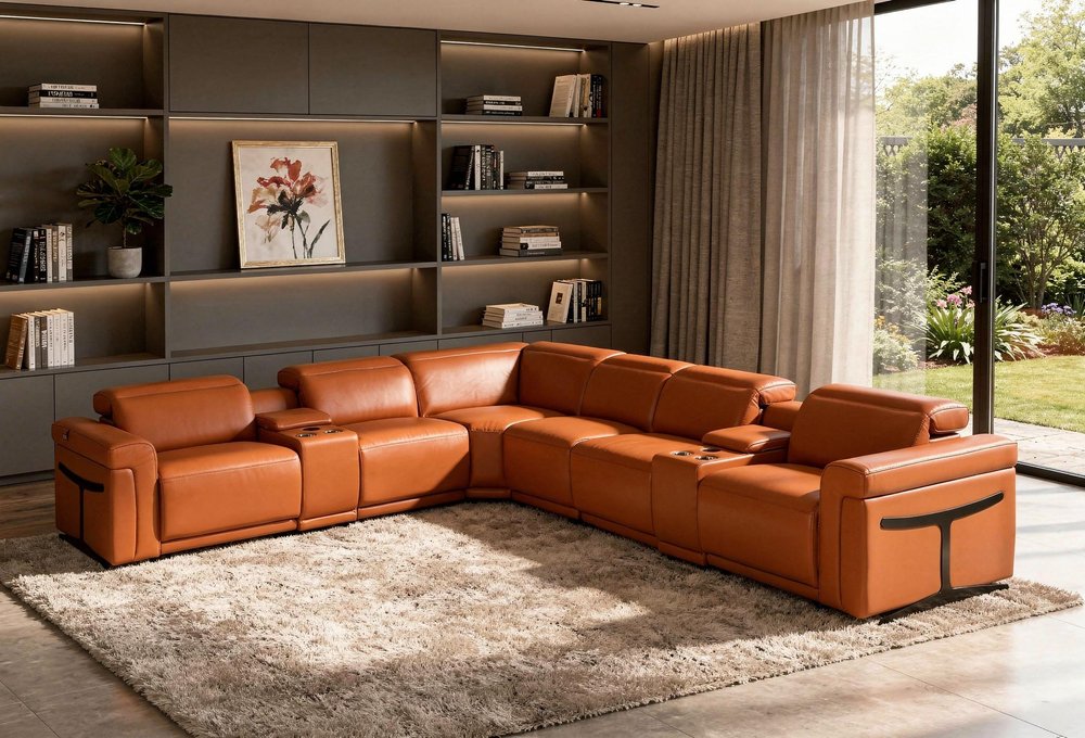 Camel Italian Leather Modular L Shaped Eight Piece Corner Sectional with Console
