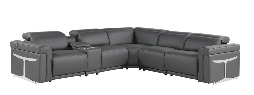 Gray Italian Leather Modular L Shaped Six Piece Corner Sectional with Console