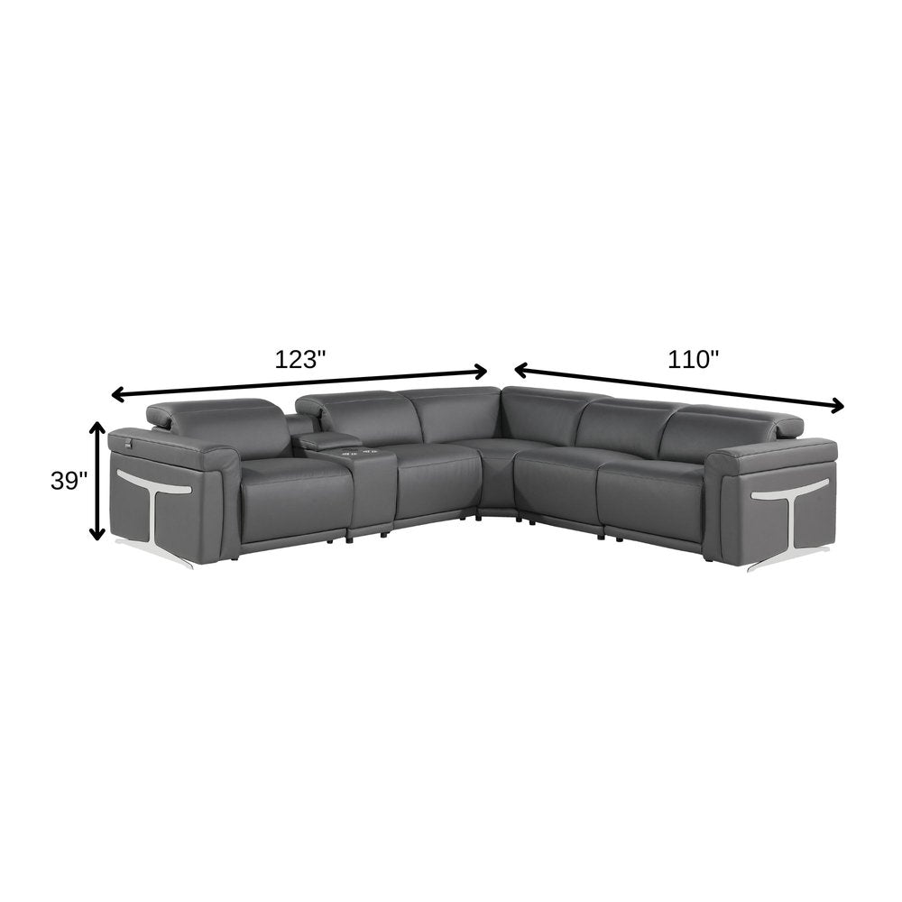 Gray Italian Leather Modular L Shaped Six Piece Corner Sectional with Console