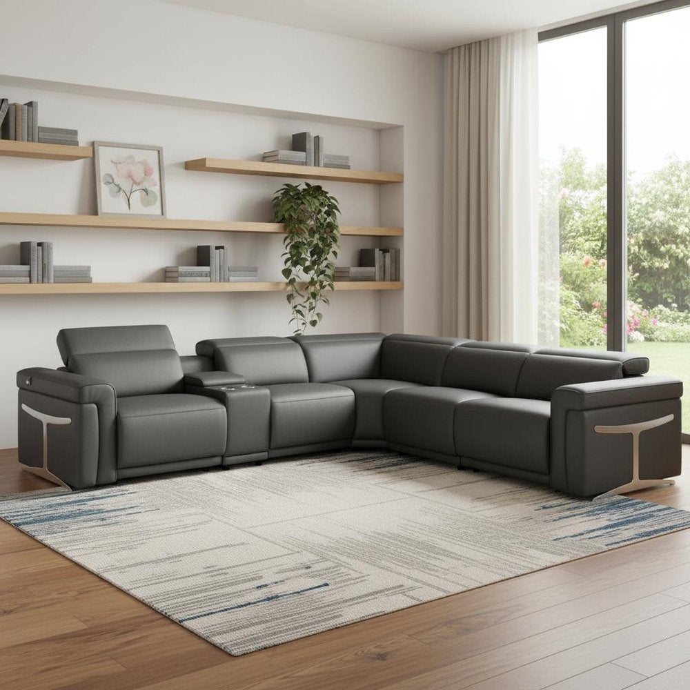 Gray Italian Leather Modular L Shaped Six Piece Corner Sectional with Console
