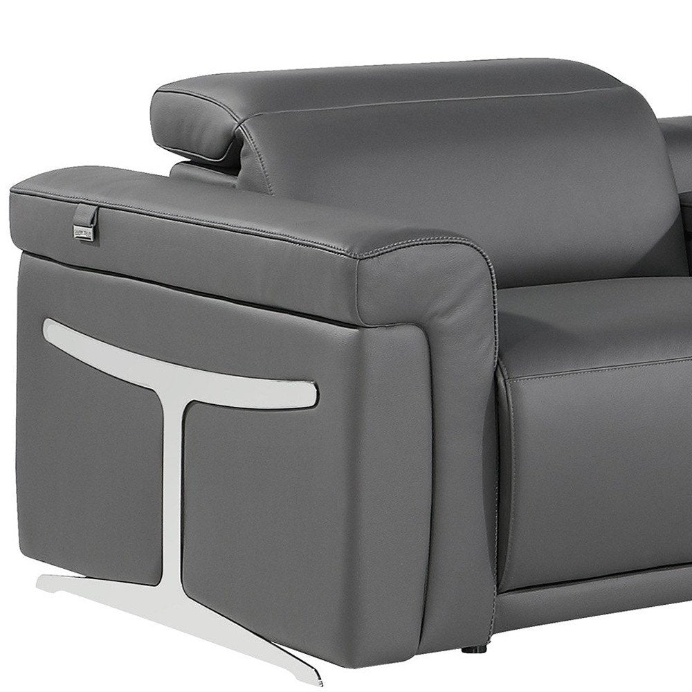 Gray Italian Leather Modular L Shaped Six Piece Corner Sectional with Console