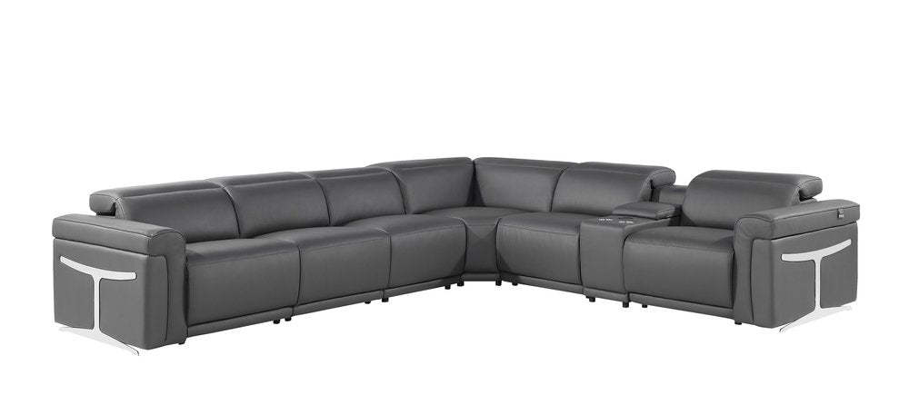 Gray Italian Leather Modular L Shaped Seven Piece Corner Sectional with Console