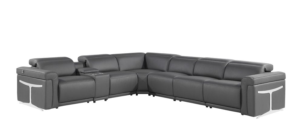 Gray Italian Leather Modular L Shaped Seven Piece Corner Sectional with Console