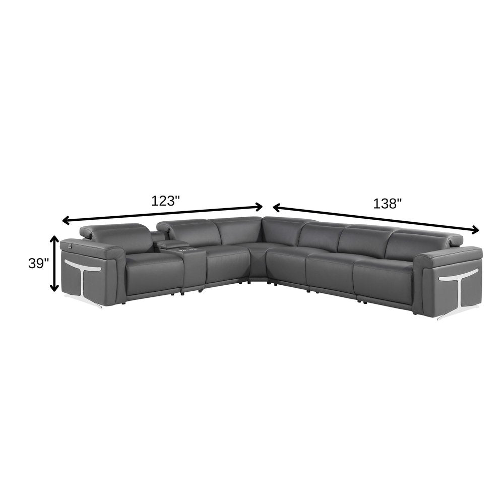 Gray Italian Leather Modular L Shaped Seven Piece Corner Sectional with Console