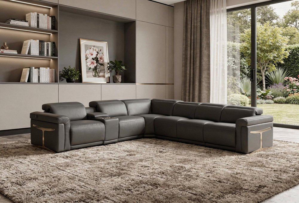 Gray Italian Leather Modular L Shaped Seven Piece Corner Sectional with Console