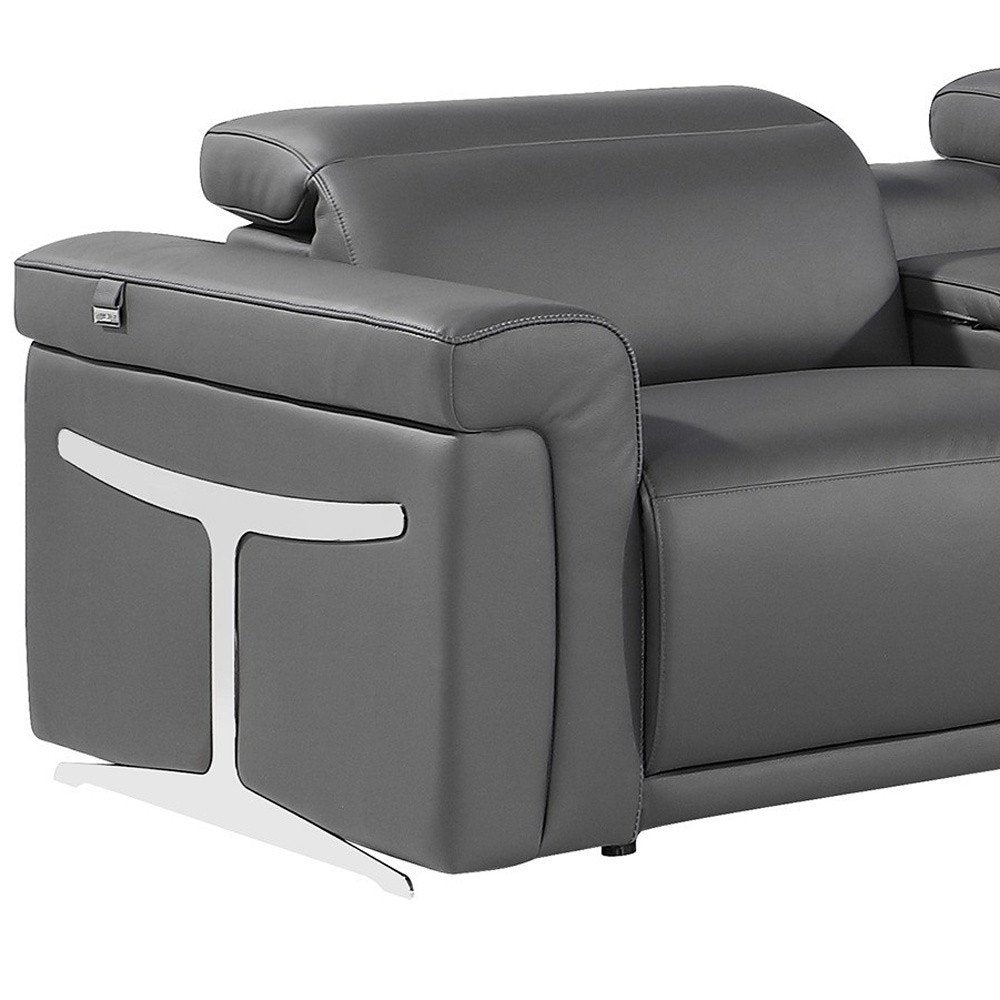 Gray Italian Leather Modular L Shaped Seven Piece Corner Sectional with Console