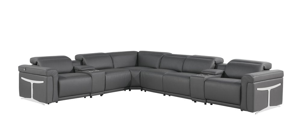 Gray Italian Leather Modular L Shaped Eight Piece Corner Sectional with Console