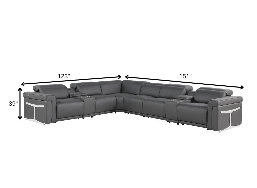 Gray Italian Leather Modular L Shaped Eight Piece Corner Sectional with Console