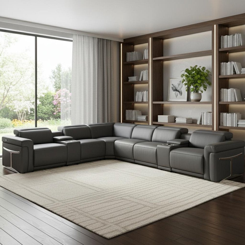 Gray Italian Leather Modular L Shaped Eight Piece Corner Sectional with Console