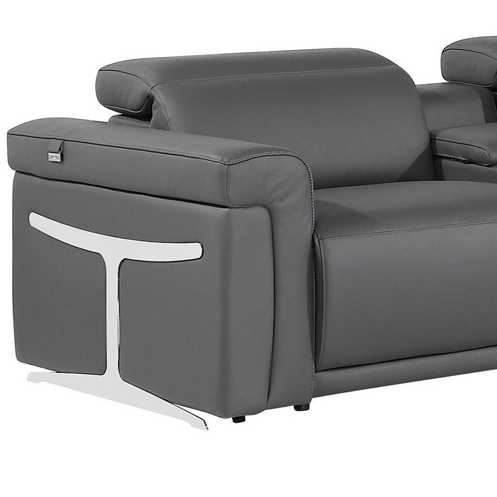 Gray Italian Leather Modular L Shaped Eight Piece Corner Sectional with Console