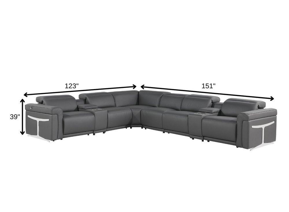 Gray Italian Leather Modular L Shaped Eight Piece Corner Sectional with Console
