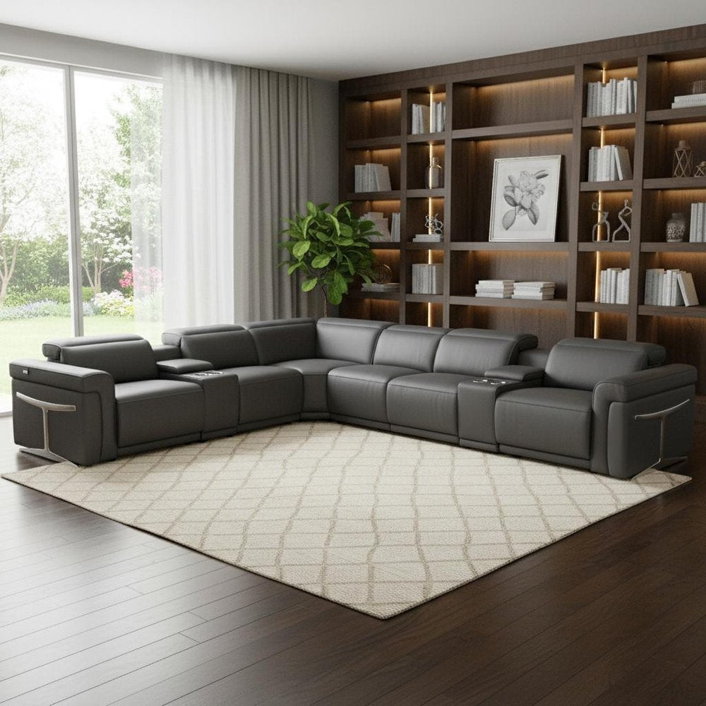 Gray Italian Leather Modular L Shaped Eight Piece Corner Sectional with Console