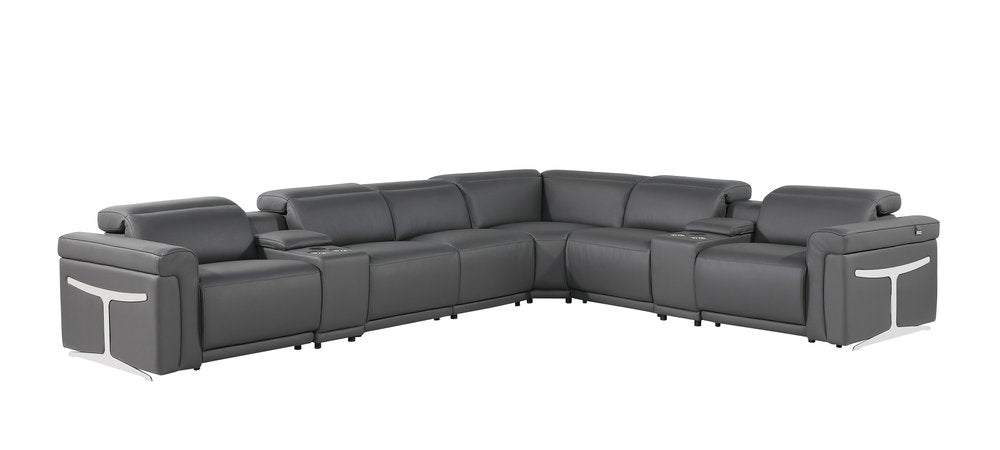 Gray Italian Leather Modular L Shaped Eight Piece Corner Sectional with Console