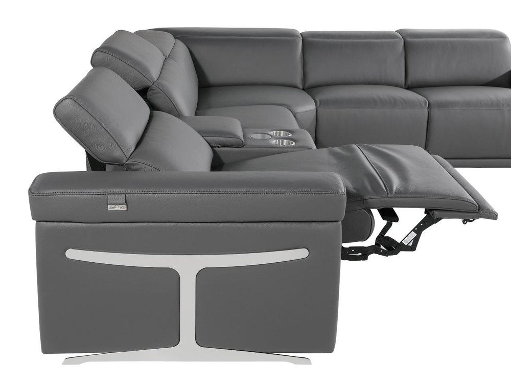 Gray Italian Leather Modular L Shaped Eight Piece Corner Sectional with Console
