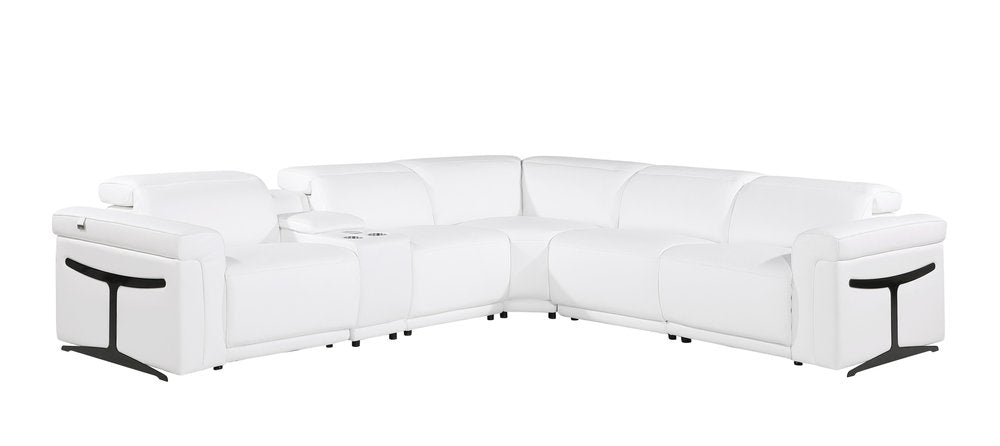 White Italian Leather Modular L Shaped Six Piece Corner Sectional with Console