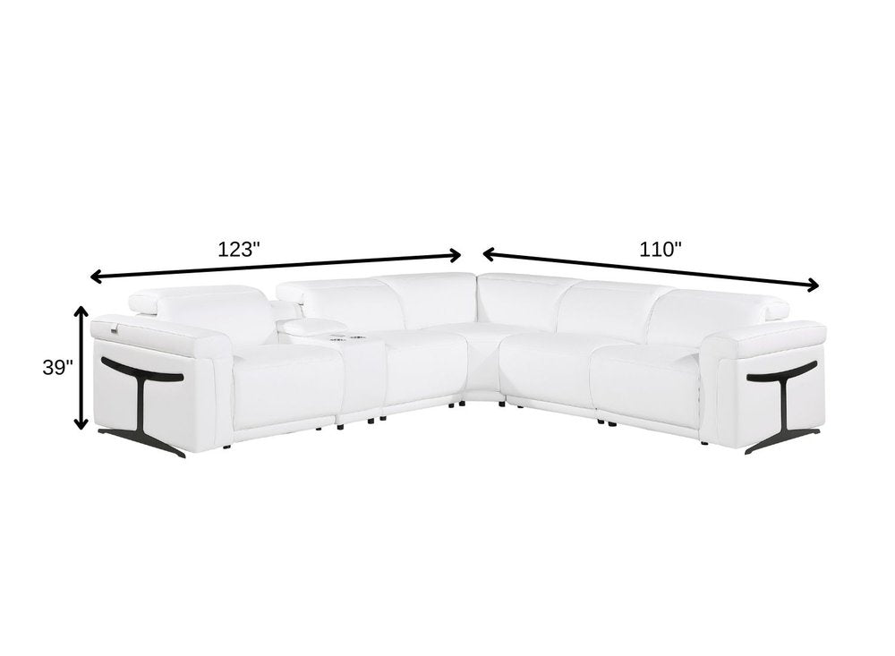 White Italian Leather Modular L Shaped Six Piece Corner Sectional with Console