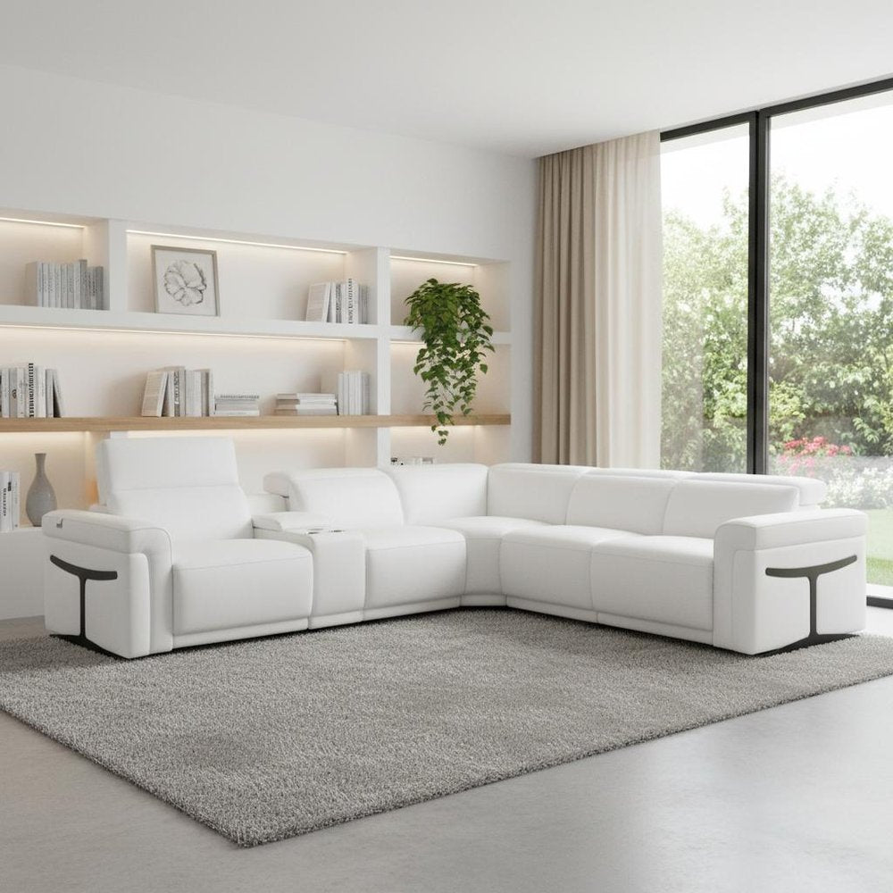 White Italian Leather Modular L Shaped Six Piece Corner Sectional with Console