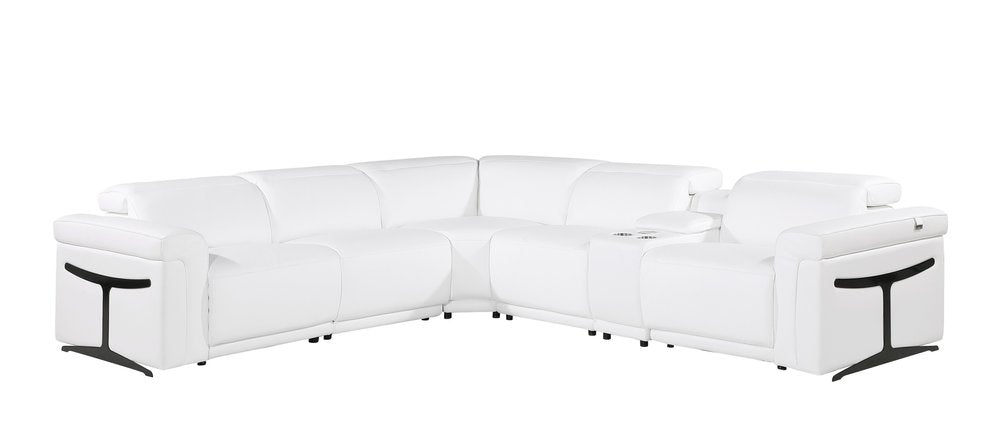White Italian Leather Modular L Shaped Six Piece Corner Sectional with Console