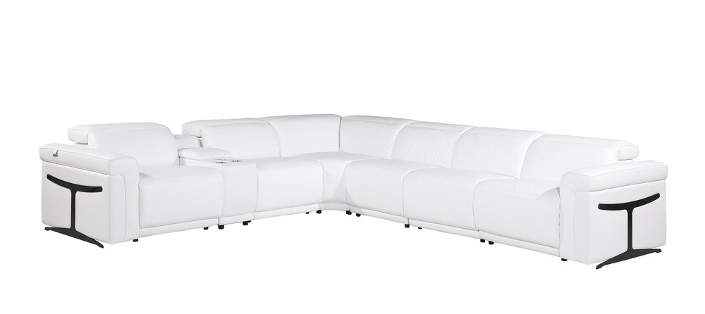 White Italian Leather Modular L Shaped Seven Piece Corner Sectional with Console