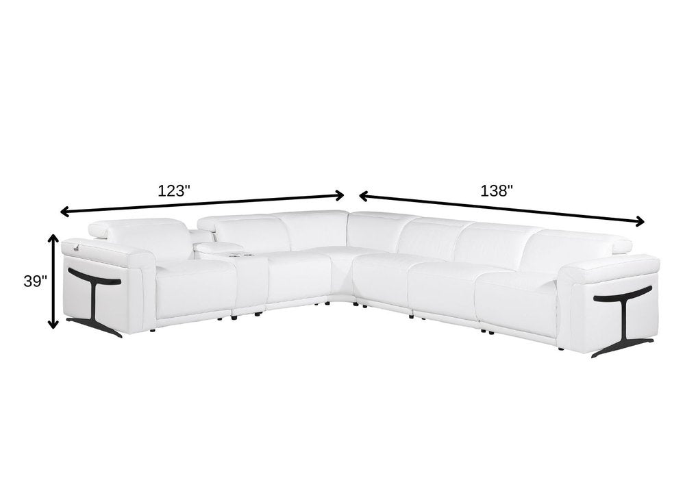 White Italian Leather Modular L Shaped Seven Piece Corner Sectional with Console