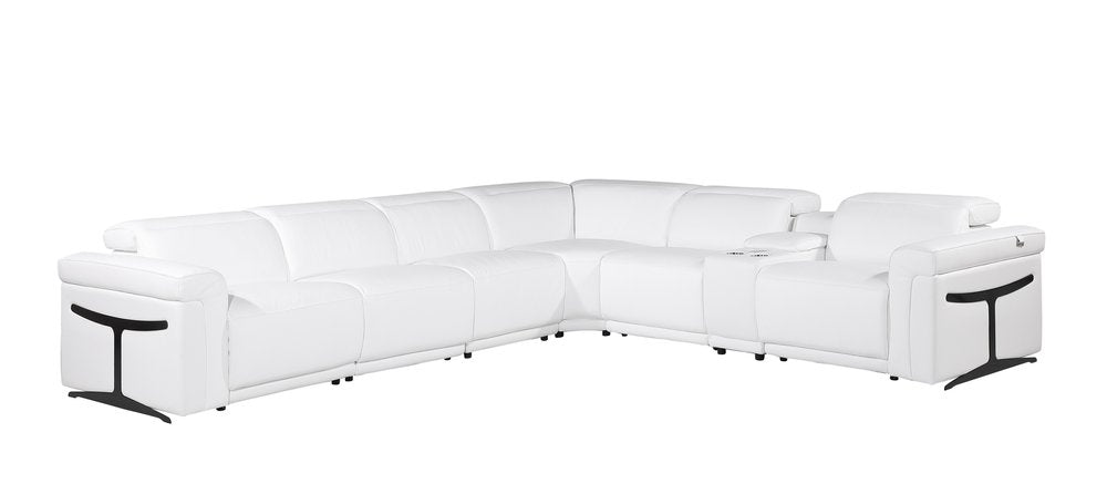White Italian Leather Modular L Shaped Seven Piece Corner Sectional with Console