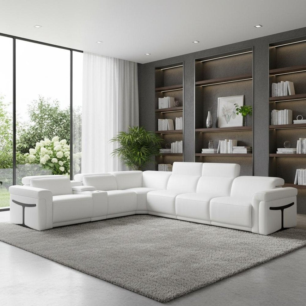 White Italian Leather Modular L Shaped Seven Piece Corner Sectional with Console