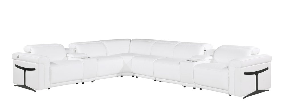 White Italian Leather Modular L Shaped Eight Piece Corner Sectional with Console