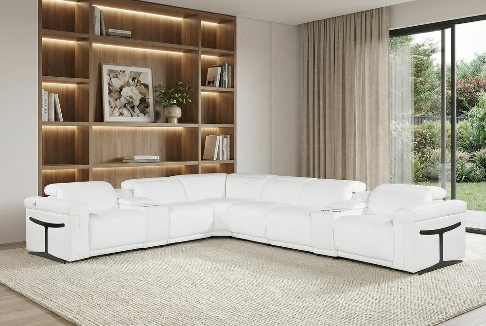 White Italian Leather Modular L Shaped Eight Piece Corner Sectional with Console