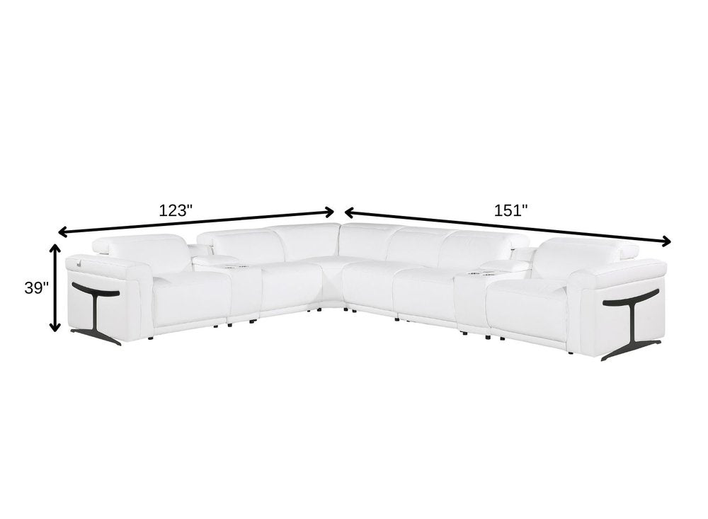White Italian Leather Modular L Shaped Eight Piece Corner Sectional with Console