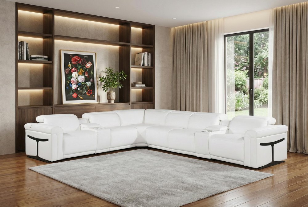 White Italian Leather Modular L Shaped Eight Piece Corner Sectional with Console