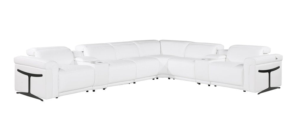 White Italian Leather Modular L Shaped Eight Piece Corner Sectional with Console