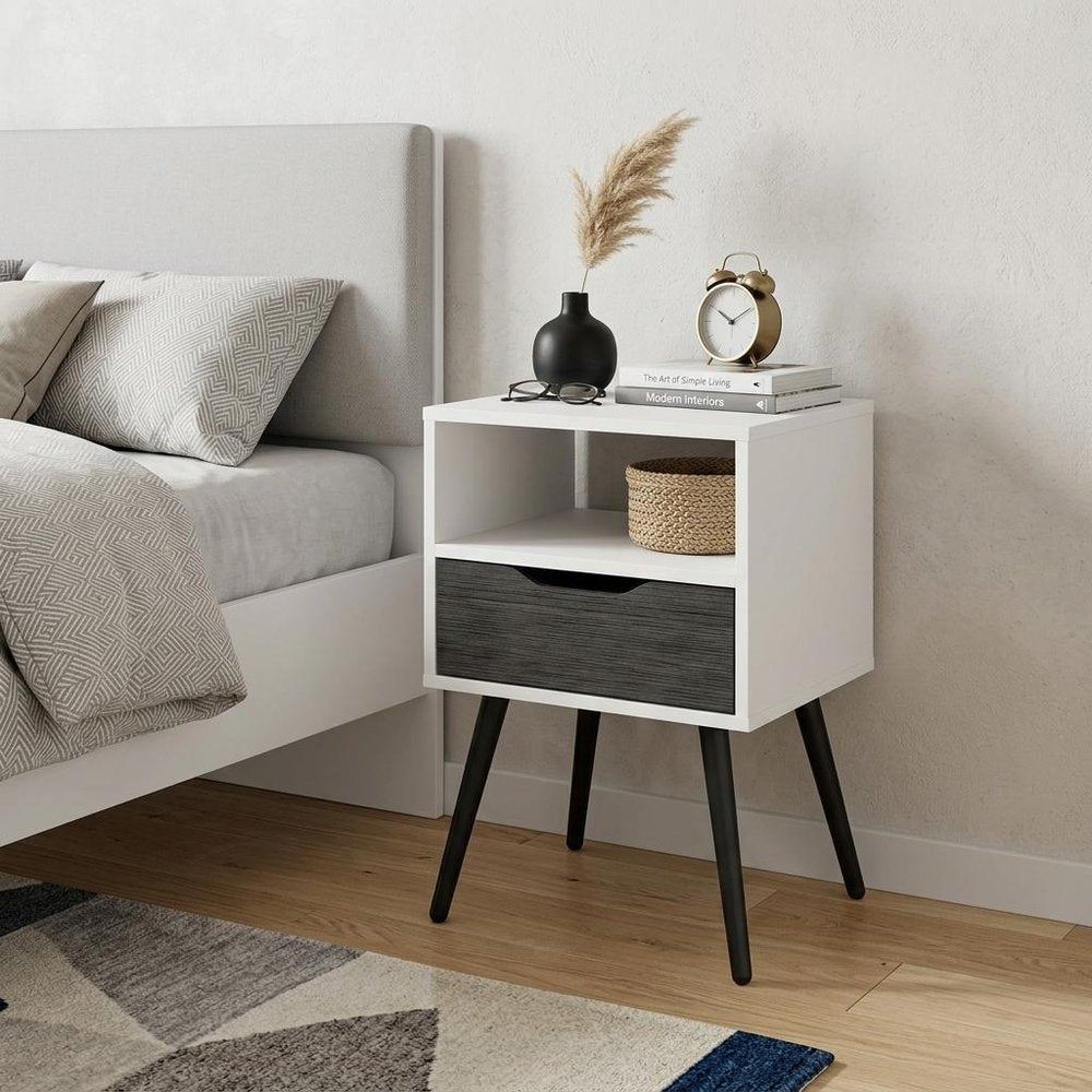 Gray and White Wood One Drawer Nightstand - 25-inch