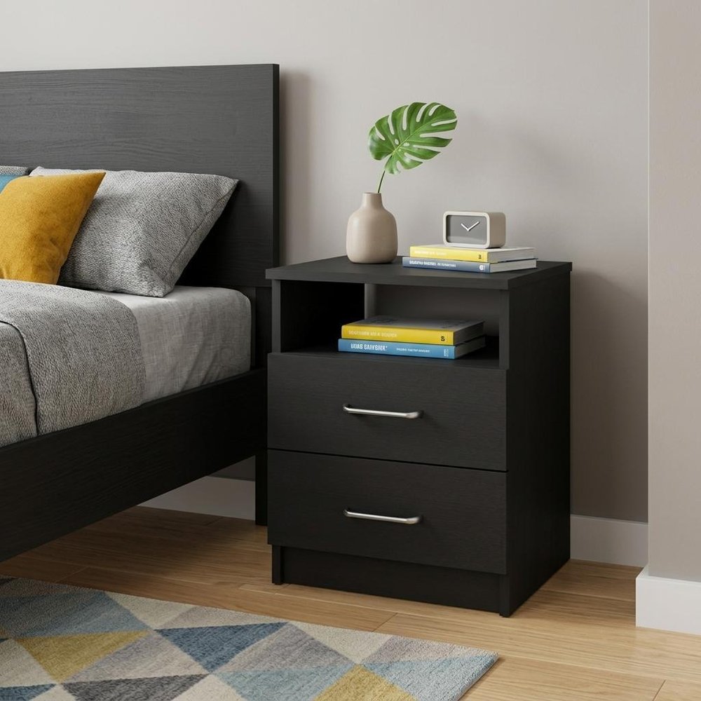 Black Wood Two Drawer Nightstand - 20-inch