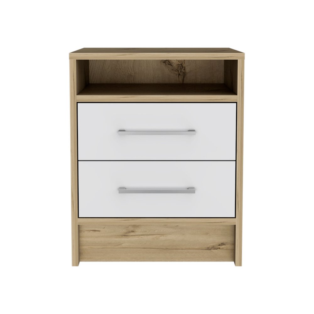 White and Natural Wood Two Drawer Nightstand - 20-inch