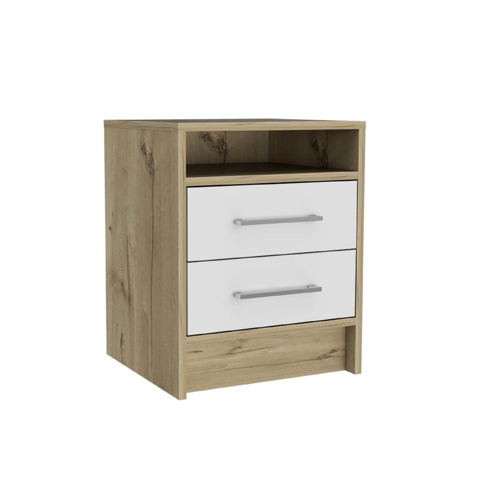 White and Natural Wood Two Drawer Nightstand - 20-inch