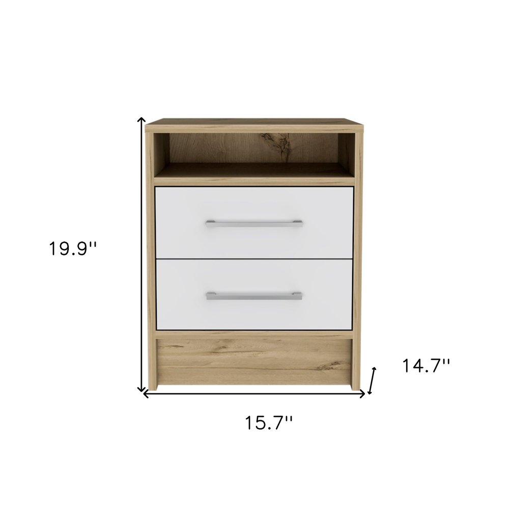 White and Natural Wood Two Drawer Nightstand - 20-inch