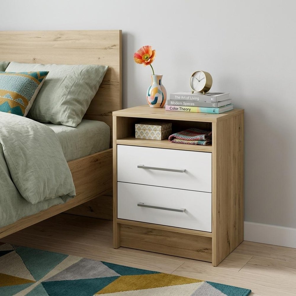 White and Natural Wood Two Drawer Nightstand - 20-inch