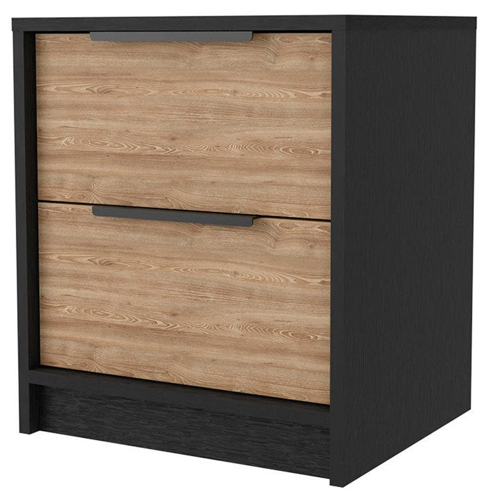 Black and Natural Wood Two Drawer Nightstand - 19-inch