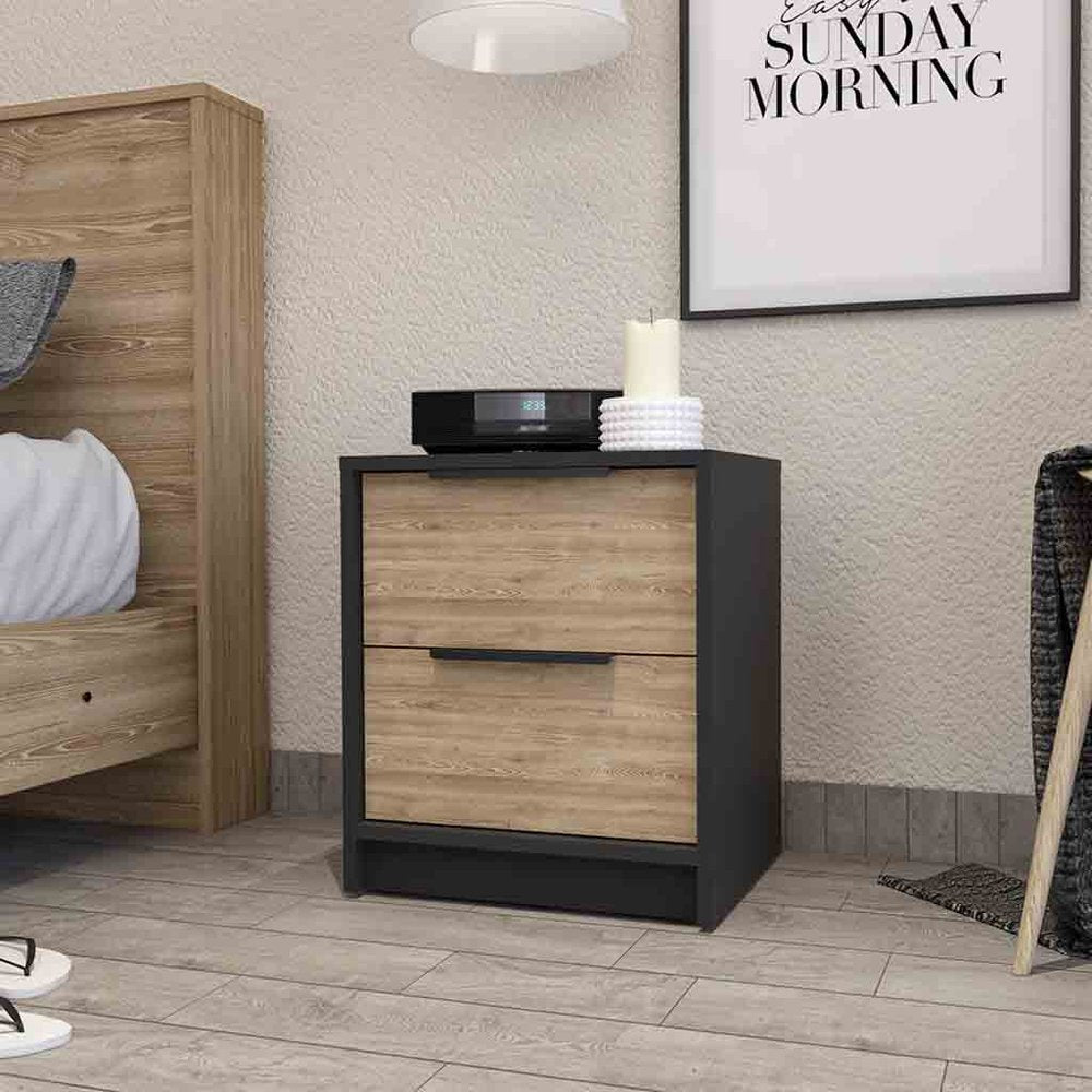 Black and Natural Wood Two Drawer Nightstand - 19-inch