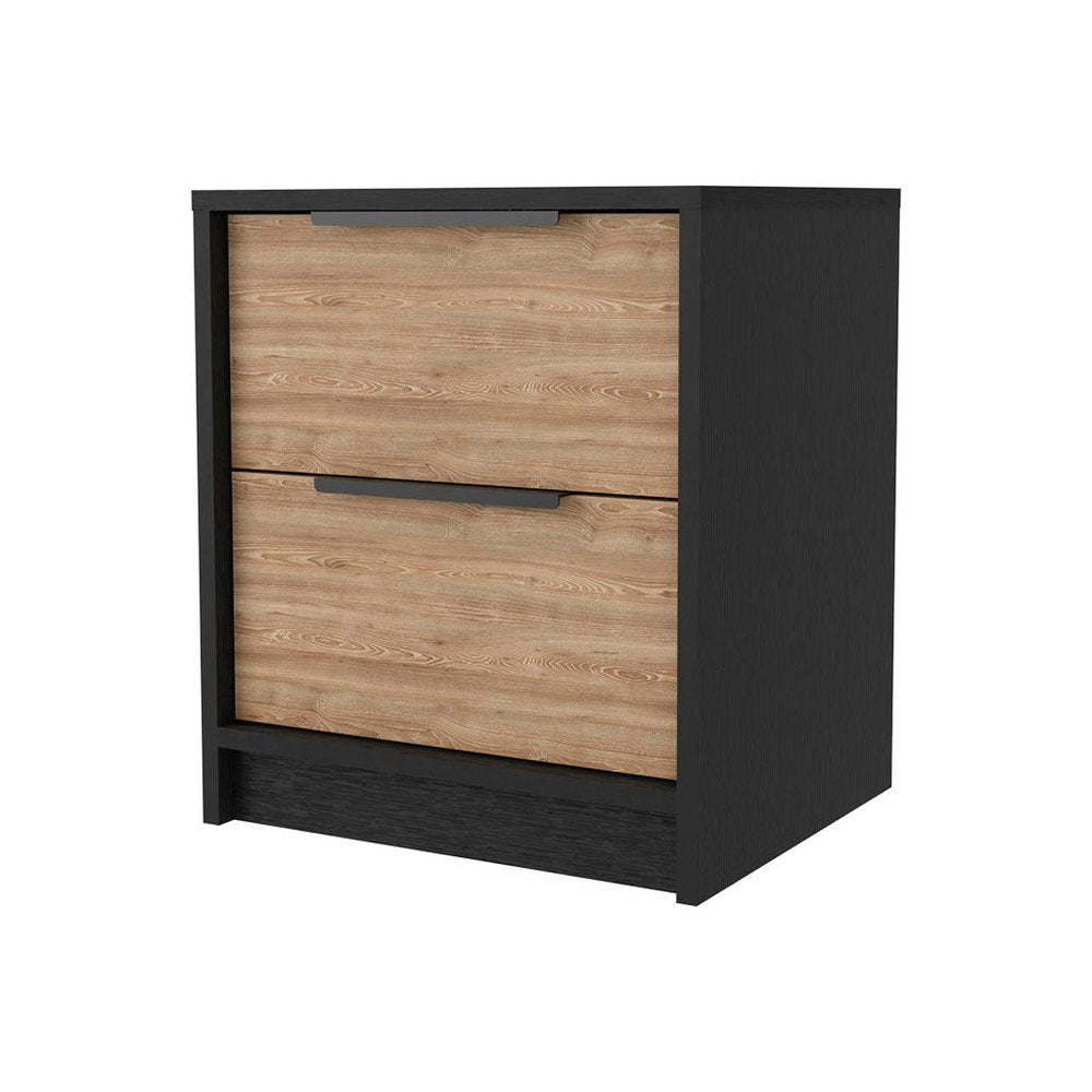 Black and Natural Wood Two Drawer Nightstand - 19-inch