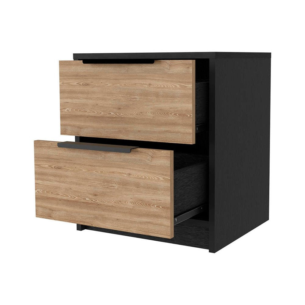 Black and Natural Wood Two Drawer Nightstand - 19-inch