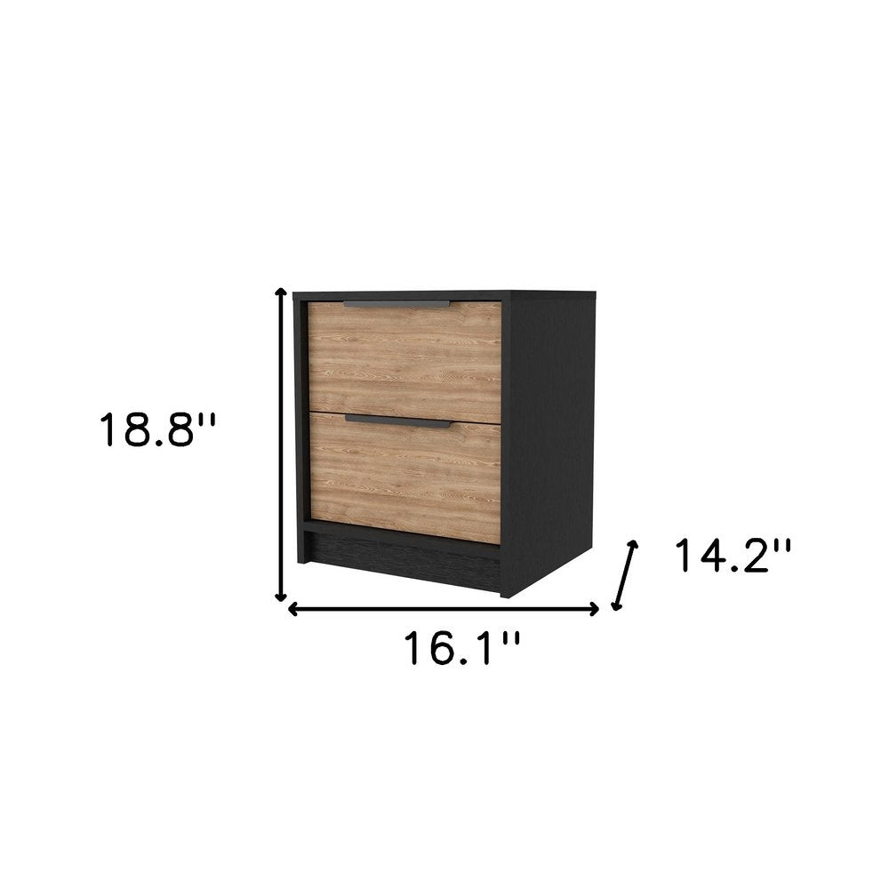 Black and Natural Wood Two Drawer Nightstand - 19-inch