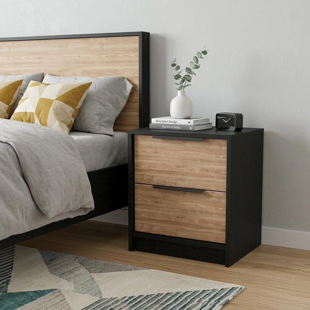 Black and Natural Wood Two Drawer Nightstand - 19-inch