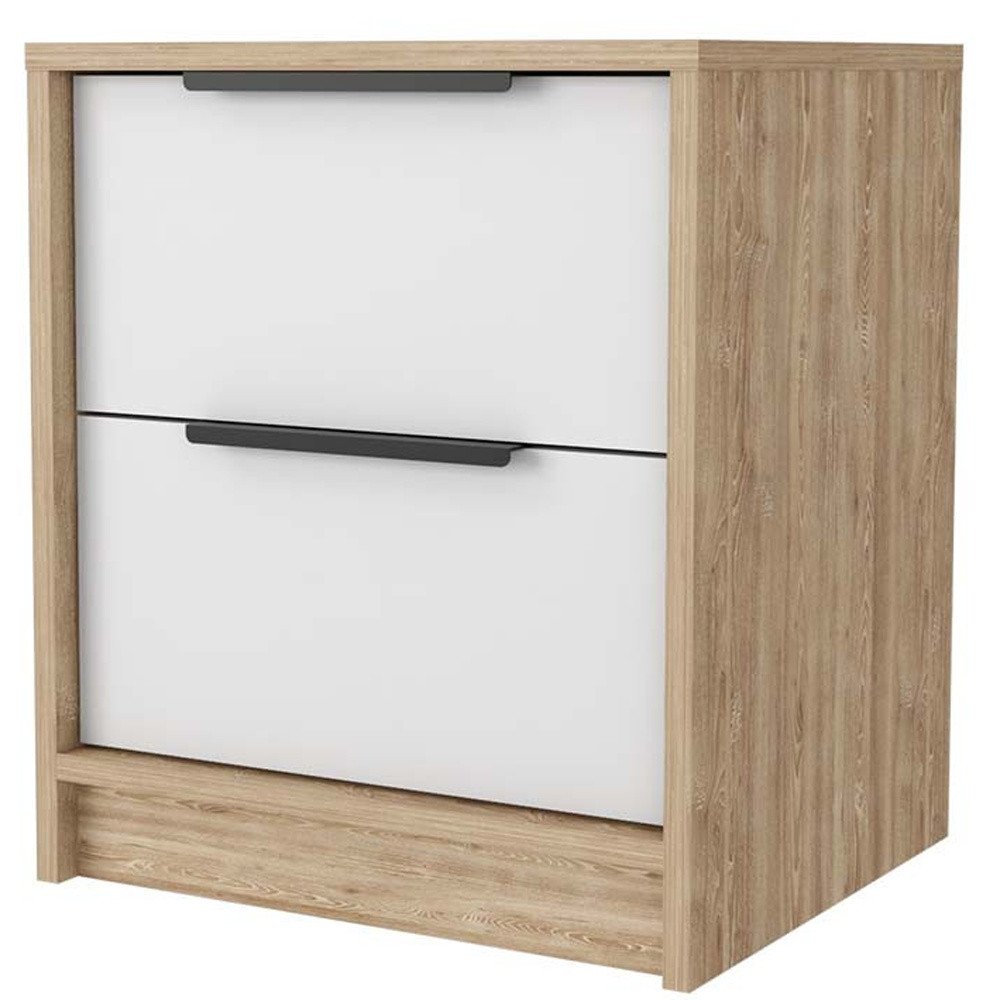 White and Natural Wood Two Drawer Nightstand - 19-inch