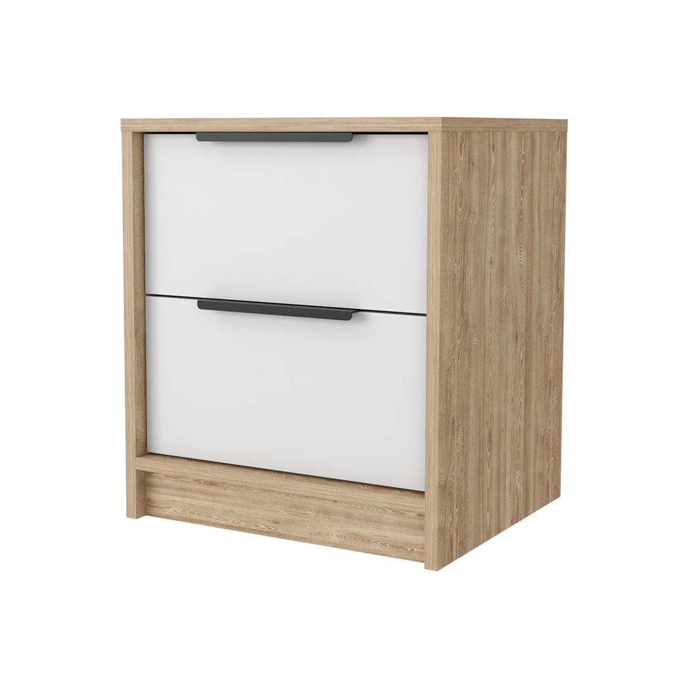 White and Natural Wood Two Drawer Nightstand - 19-inch