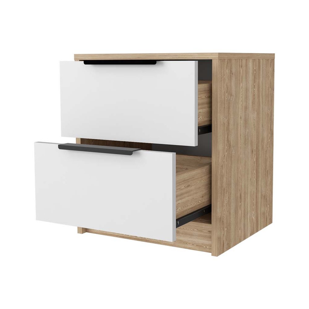 White and Natural Wood Two Drawer Nightstand - 19-inch