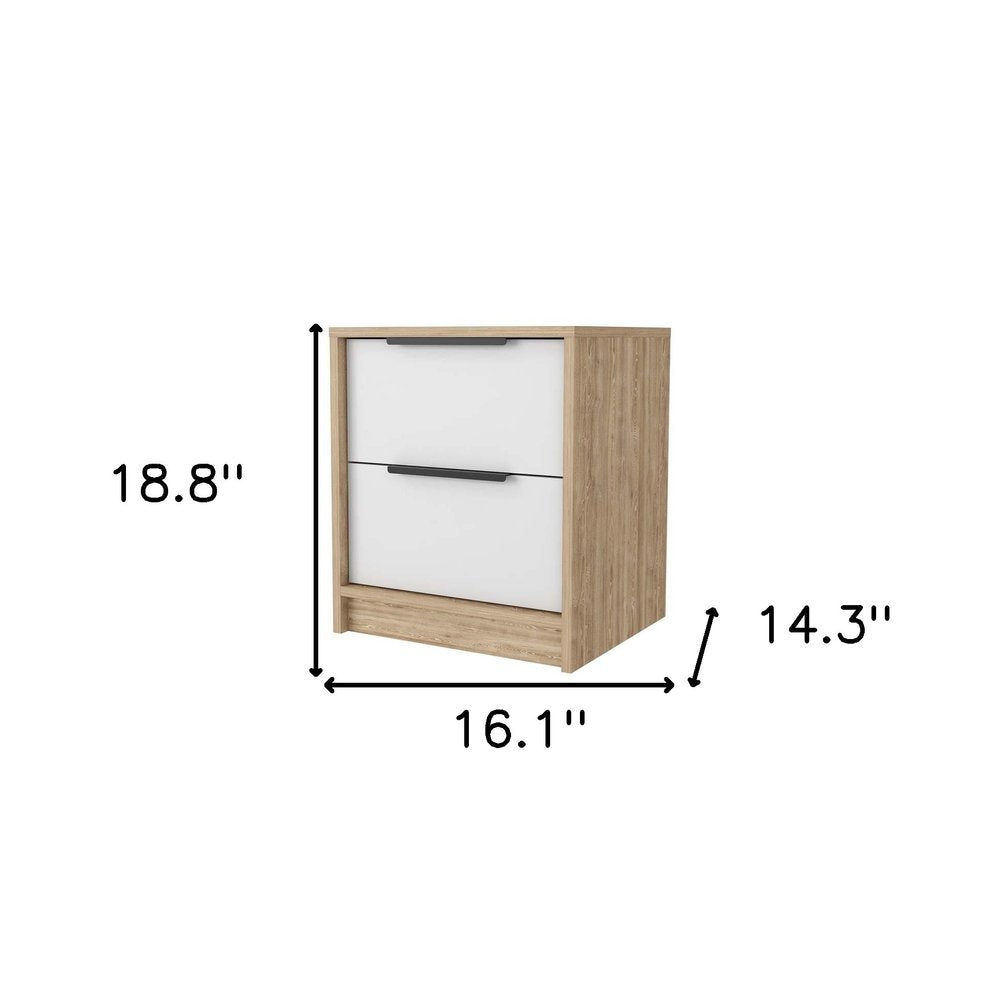 White and Natural Wood Two Drawer Nightstand - 19-inch